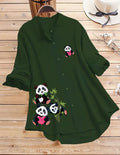 Panda Print Button-Up Top - Dark Green