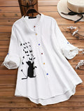 White Printed Rayon Tunic Top - Cat Art