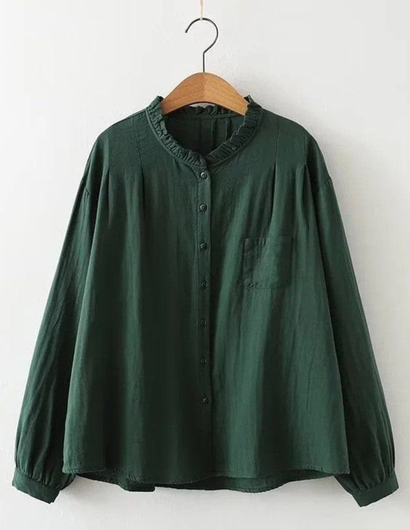 Green Frill Trim Button-Up Plain Top