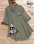 Panda Print Button-Up Top - Grey