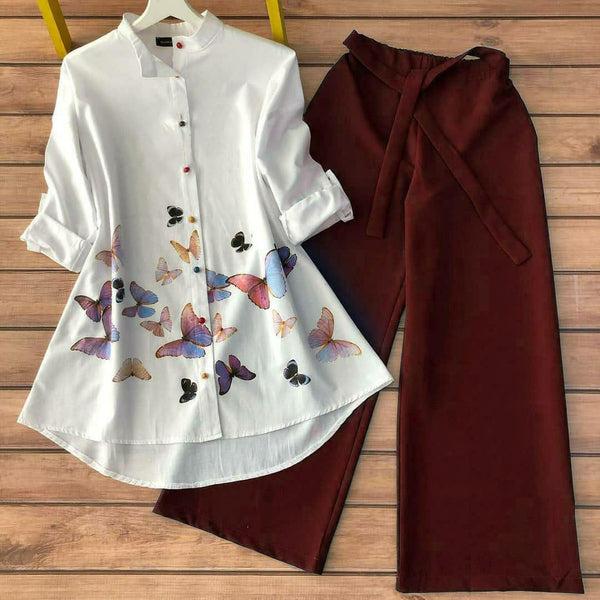 Butterfly Top and Maroon Palazzo Set