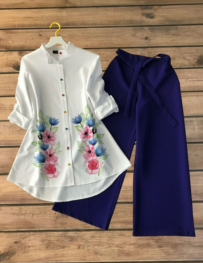 White Floral Charm with Navy Blue Palazzo Set
