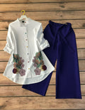 Ivory Floral Shirt with Midnight Blue Wrap Trouser