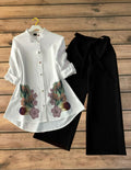 Ivory Floral Shirt with Jet Black Palazzo Set