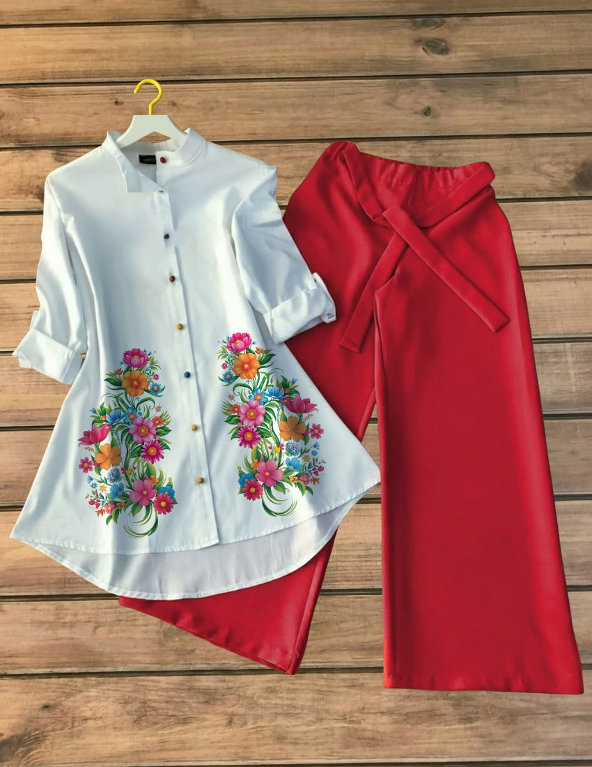Flower Print Shirt with Crimson Red Palazzo Set