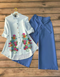 Garden Flower Print Shirt with Sky Blue Palazzo Set