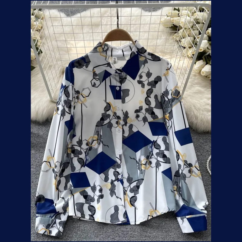 Abstract Printed Spread Collar Long Sleeves Casual Top