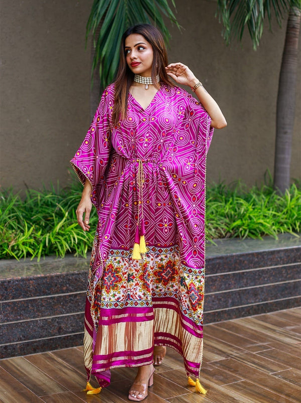 Rani Pink Satin Printed Kaftan