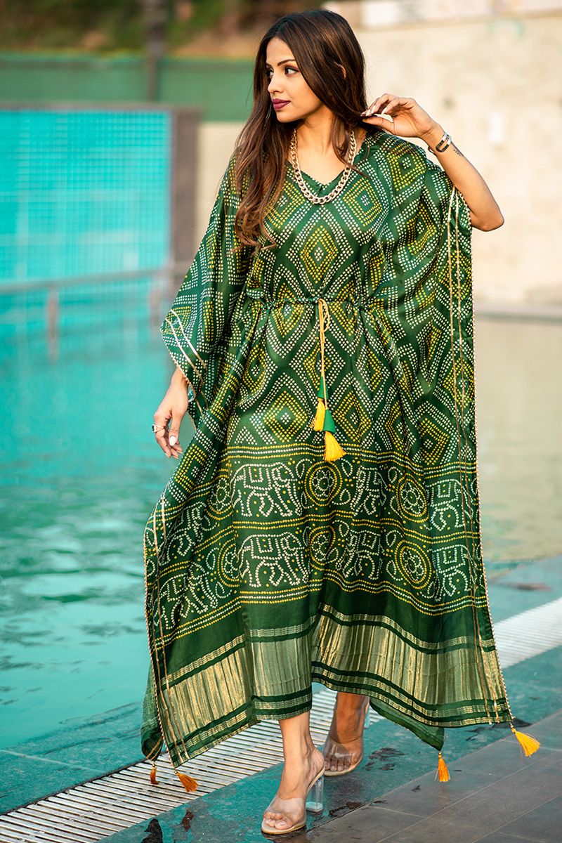 Green Satin Printed Kaftan