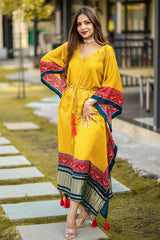 Yellow Gold Satin Printed Kaftan