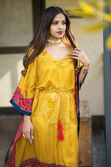 Yellow Gold Satin Printed Kaftan