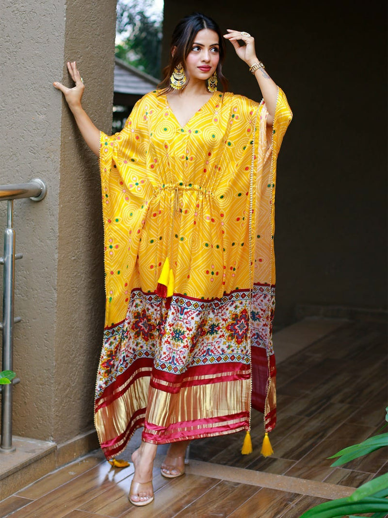 Yellow Satin Printed Kaftan